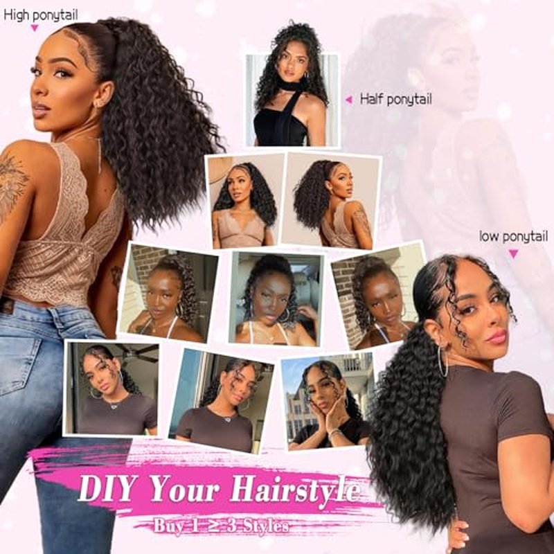 QGZ Ponytail Extension,Drawstring Ponytail for Black Women 14 Inch Synthetic Short Wavy Curly Layered Pony Tails Hair Extensions for Daily Use(Black)