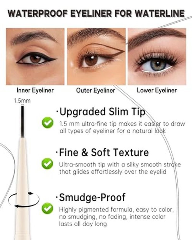 Black Matte Eyeliner Gel Pencil, Waterline Eyeliner Waterproof Smudge Proof, Ultra-Fine Tip, Cream Smooth Texture, Quick-Drying Long-Lasting, High Pigmented Eye Liner Pen Makeup, Delineador De Ojos-01