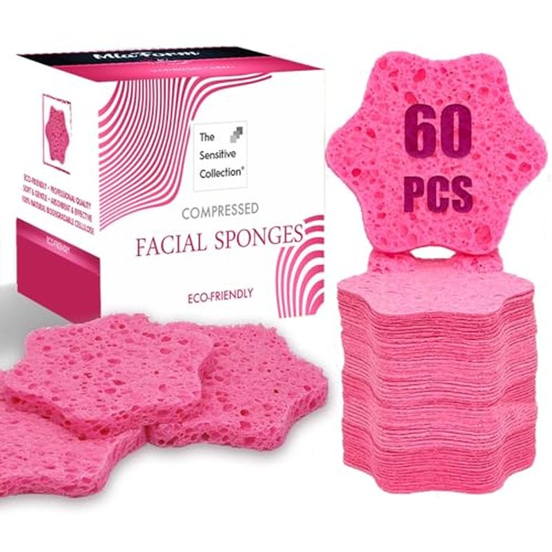 60-Count Compressed Facial Sponges, 100% Natural Cosmetic Spa Sponges for Facial Cleansing, Exfoliating Mask (Pink Flower)