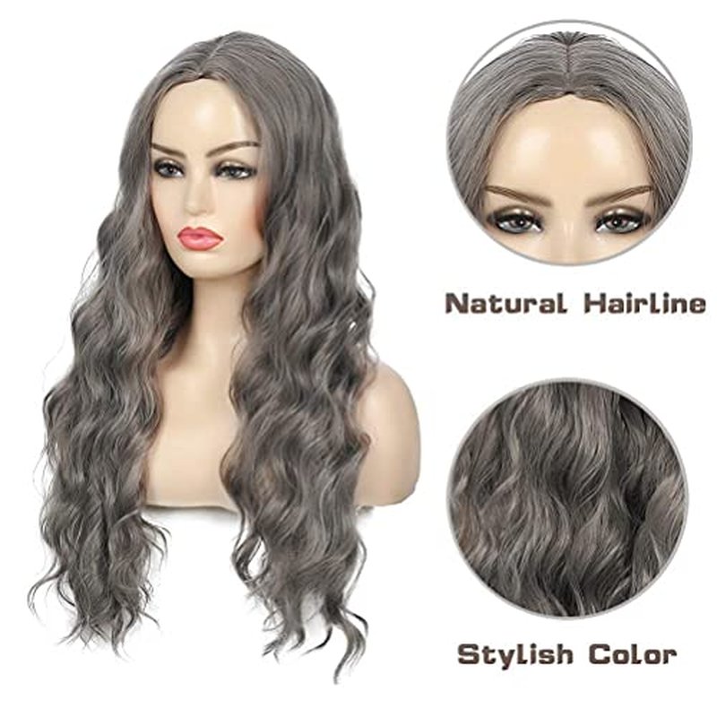 Beweig Long Wavy Gray Wigs for Women Long Curly Wavy Grey Wigs Synthetic Cosplay Wig for Halloween Costume(25 inch)