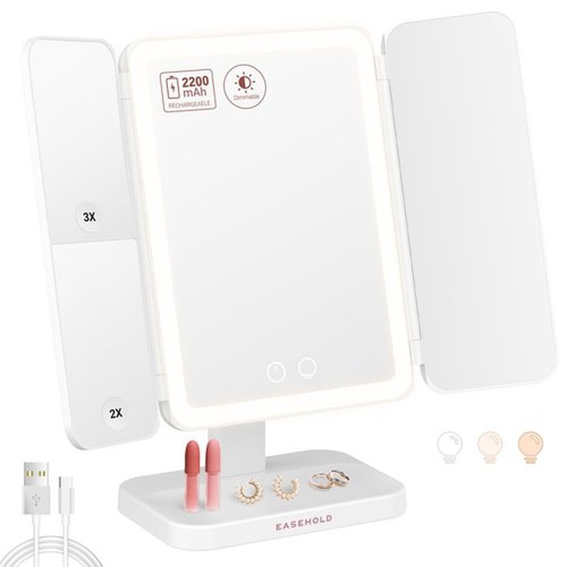 EASEHOLD Makeup Mirror Vanity Mirror with Lights, 2X 3X Magnification, 2200 mAh Rechargable, Lighted Makeup Mirror, Touch Control, Trifold Makeup Mirror, Gifts for Girls & Women