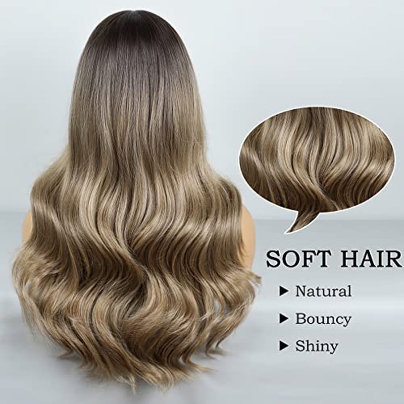 BOGSEA Light Brown Wigs with Bangs Long Blonde Wig for Women Long Wavy Light Ash Brown Mix Blonde Wigs Synthetic Heat Resistant Fiber Wigs for Daily Party 26 Inch