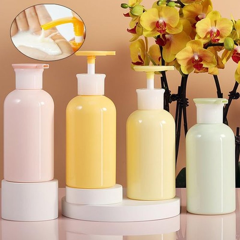 4 Pack Plastic Bottles with Pump Dispenser, Refillable Travel Containers, 300ml (Light Yellow)