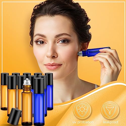 Sumind 150 Pcs Essential Oil Roller Bottles 10 ml Glass Roller Bottles with Stainless Steel Roller Balls Empty Bottles Leak Proof Roll on Bottles with 5 Funnel for Travel Perfume Essential Oil (Amber)