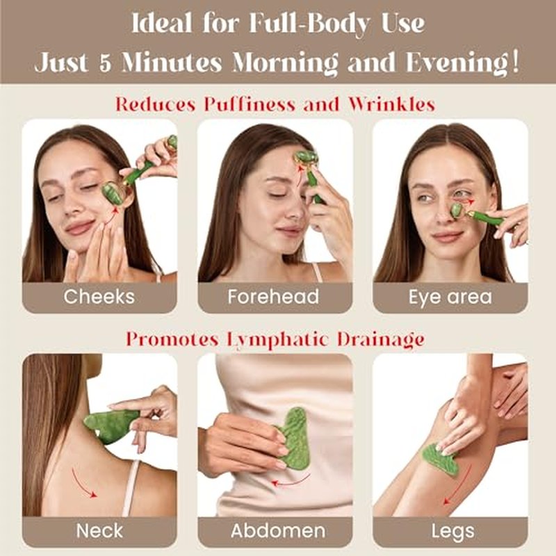 Rena Chris Face Roller & Gua Sha Set, Natural Jade Massage Tools for Jawline Sculpting and Puffiness Reducing, Beauty & Skincare