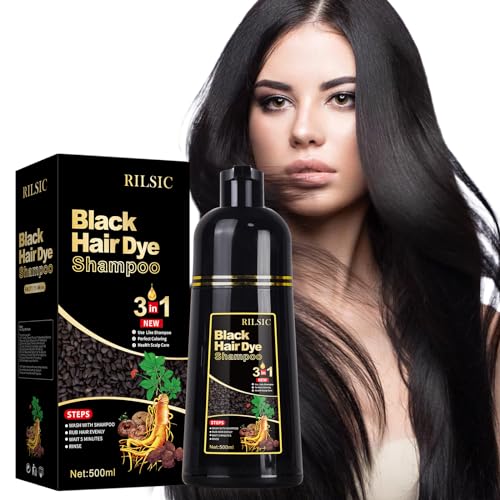 RILSIC Hair Dye Shampoo 3 IN 1 for Women & Men, Instant Black Hair Color, 100% Grey Hair Coverage, Natural Black Hair Dye Coloring in Minutes (500ML)