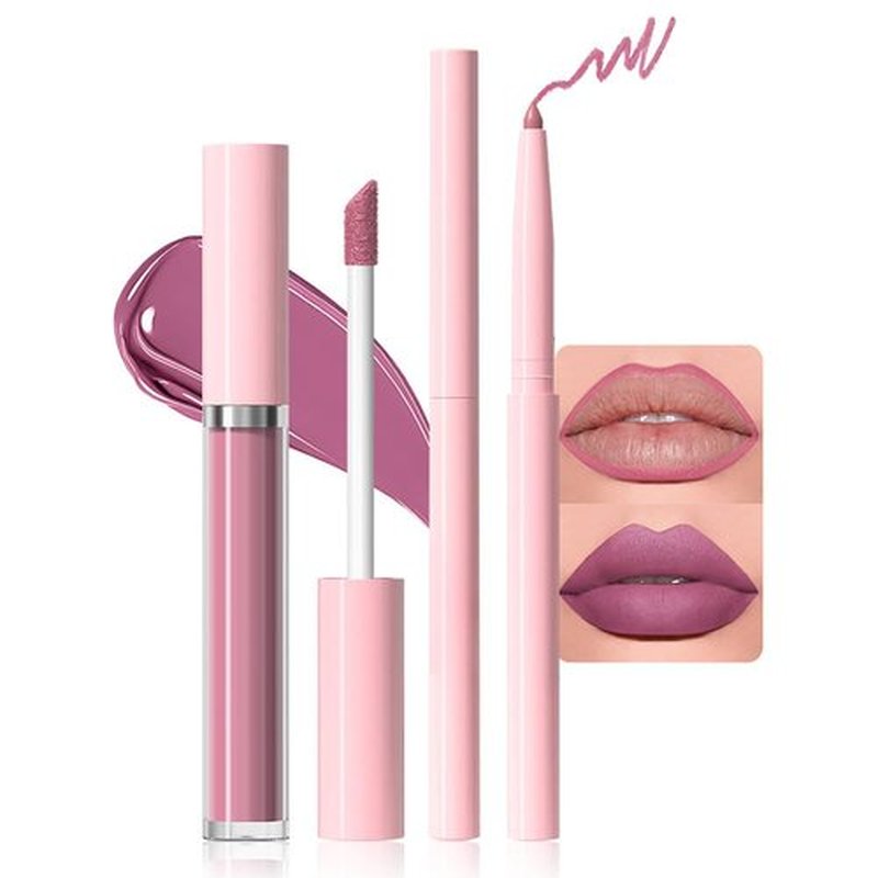 JUAAZIN 2pcs Tulip Pink Matte Lip Liner and Lipstick Makeup Set, Vegan Lipstick Lip Liner and Gloss Set Lip Stain Long Lasting Waterproof Smudge-Proof Properties Non-stick Cup(Tulip Pink 09#)