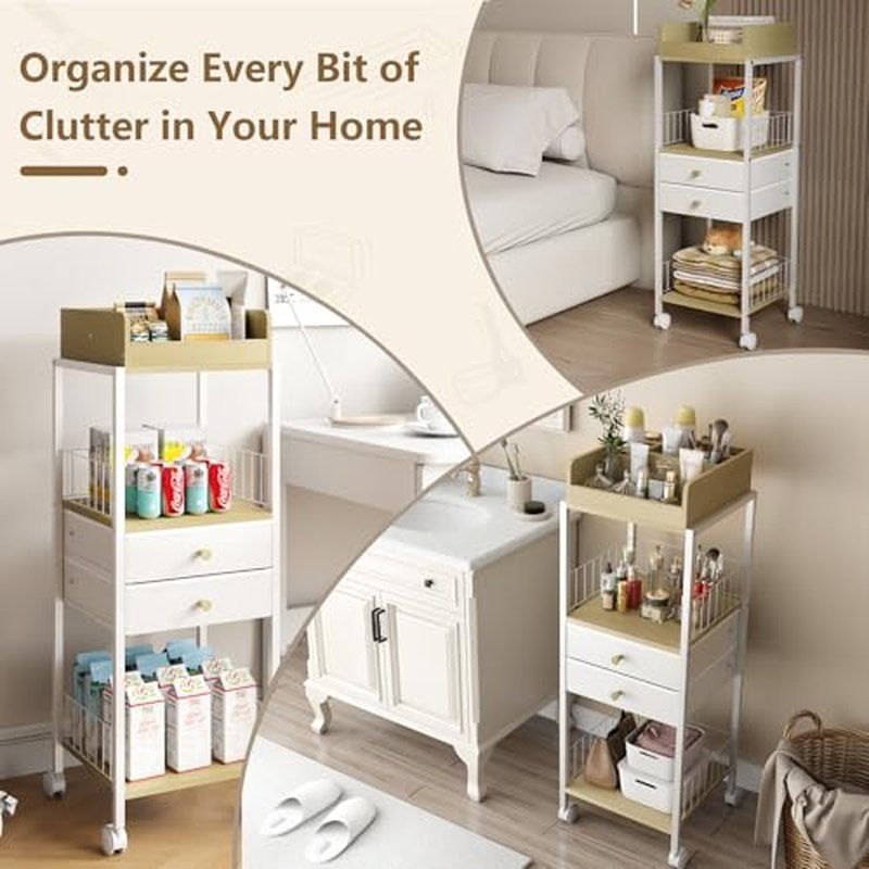 Makeup Organizer Cart Shelf Floor Skincare Organizers Make Up and Station Storage Cabinet For Vanity Standing Cosmetics With Drawers and Wheels For Nail Polish Perfume Hair Tool Holder Beauty(White)