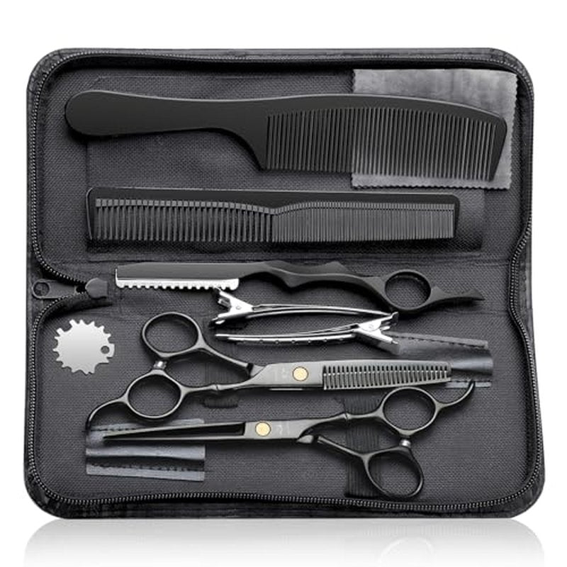 PURPLEBIRD Hair Cutting Scissors Kit, Professional Barber Scissors Hairdressing Shears Set with Stainless Steel Hair Scissors Thinning Scissors for Men Women Pet 10 Pcs Black