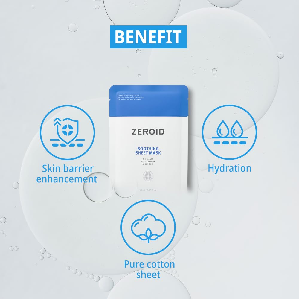 ZEROID | Soothing Sheet Mask | Face Masks Skincare for Sensitive and Dry Skin | Korean Face Mask with Hyaluronic Acid & Ceramide | Hydration & Skin Barrier Enhancement | Pure Cotton Sheet | 5 Sheets