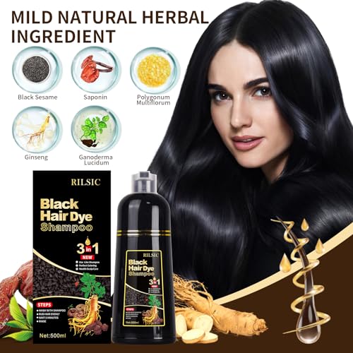RILSIC Hair Dye Shampoo 3 IN 1 for Women & Men, Instant Black Hair Color, 100% Grey Hair Coverage, Natural Black Hair Dye Coloring in Minutes (500ML)