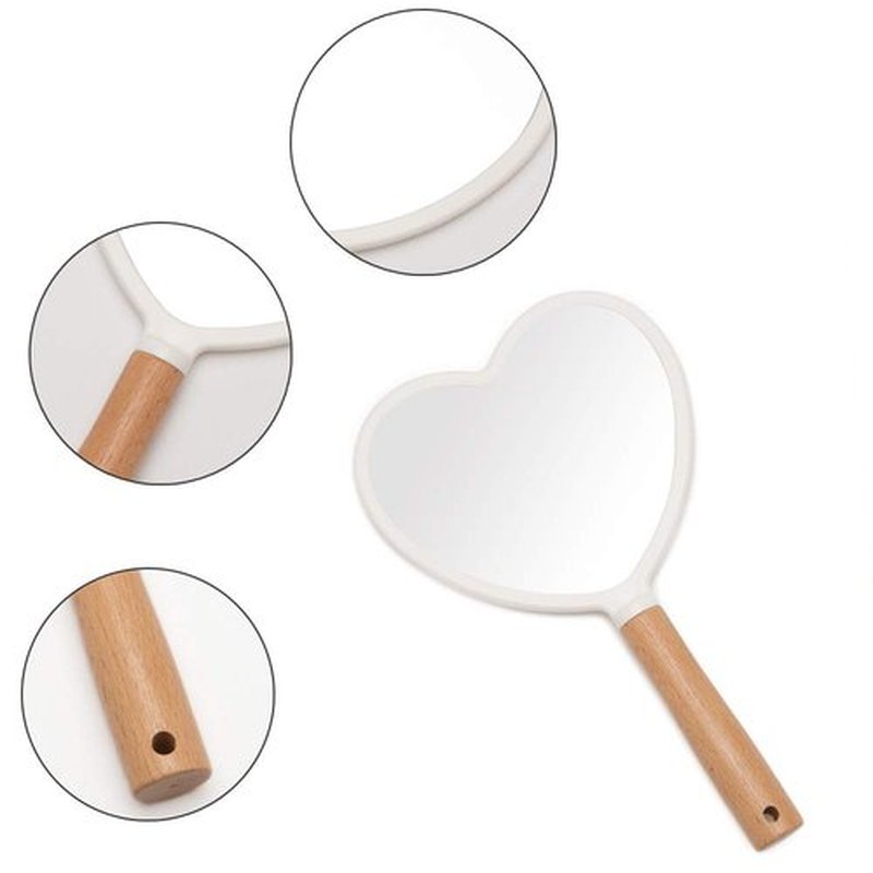 YEAKE Hand Held Mirror with Handle for Makeup,Small Cute Wood Hand Mirror for Shaving with Hole Hanging Single-Sided Portable Travel Vanity Mirror for Men&Women(Heart)