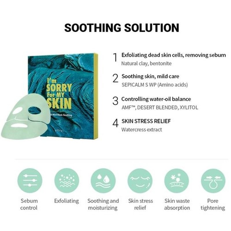 I'M SORRY FOR MY SKIN Bentonite Clay Mud Sheet Masks Set, Korean Skin Care, Exfoliating Face Masks with Volcanic Ash, Sebum Control, Pore Minimizer, Tightening, Soothing (Black 2pcs & Green 2pcs)