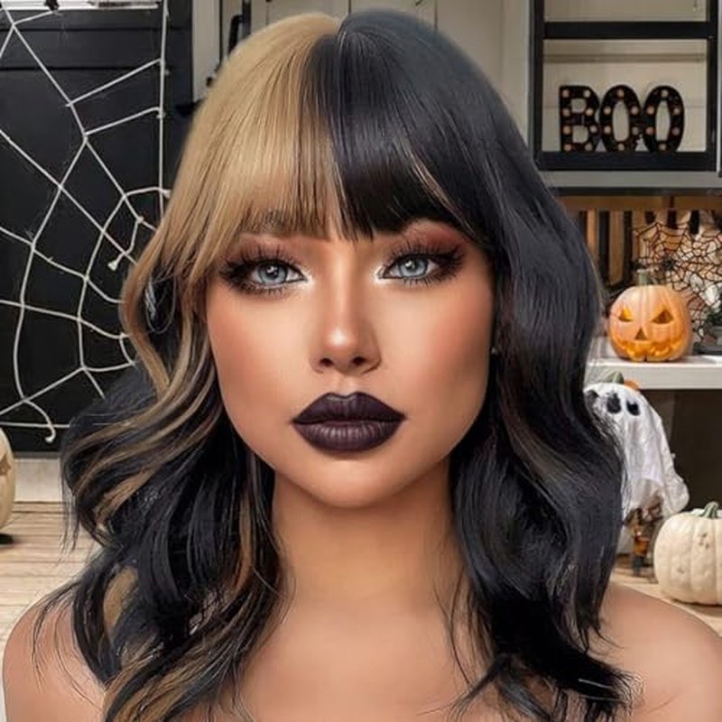 Black Wig With Bangs Long Wavy Wig for Women Curly Wavy Hair Wigs Heat Resistant Synthetic Curly Natural Black Wigs Hair Replacement Wigs for Girls Daily Party Use 24inch(Black)