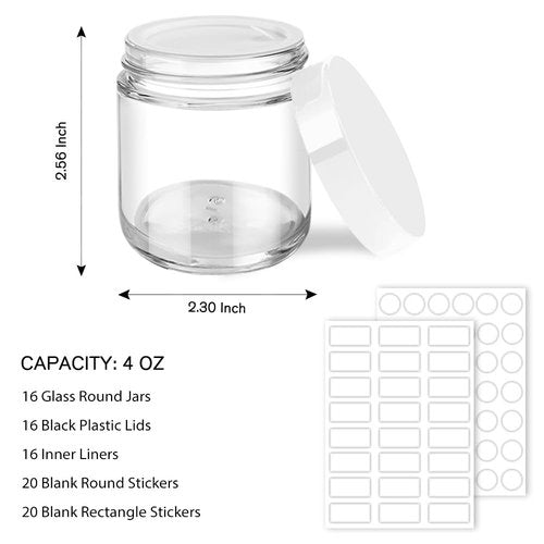 Tecohouse 4 oz Glass Jars with Lids, 16 Pack Clear Cream Jars with Lids, White Labels & Inner Liners, Empty Round Clear Slime Containers for Cream, Lotion-Clear