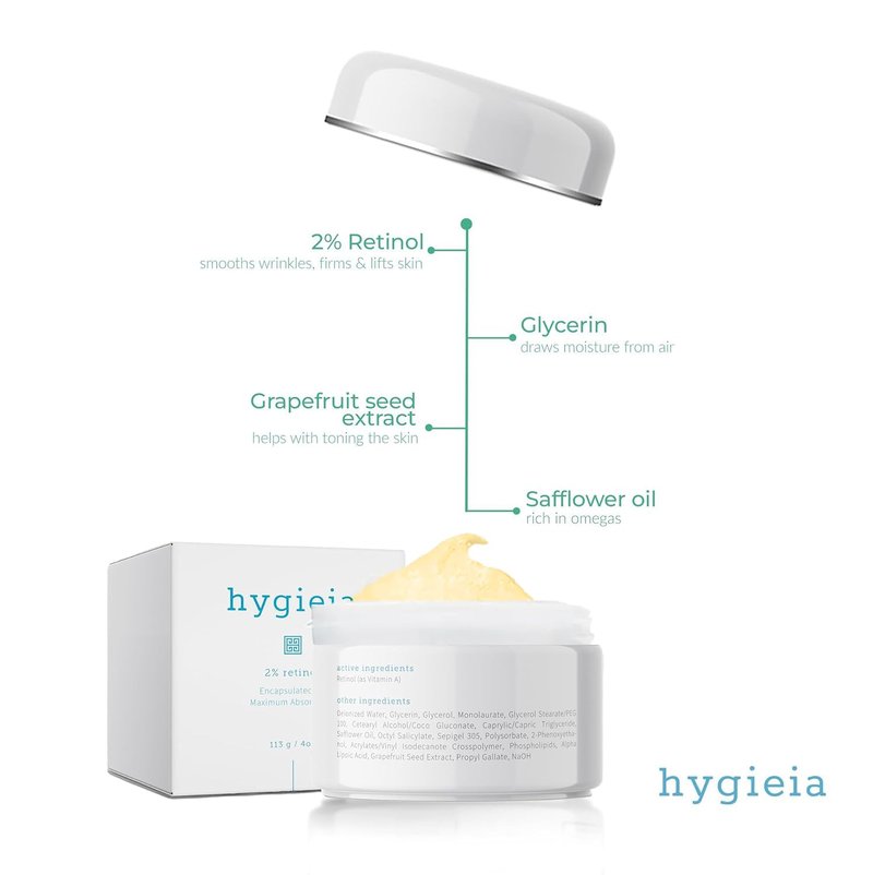 Hygieia Encapsulated 2% Retinol Cream - Anti-Wrinkle Liposomal Formula for Face, Neck & Body | 4oz, Deep Absorption, Firming & Lifting