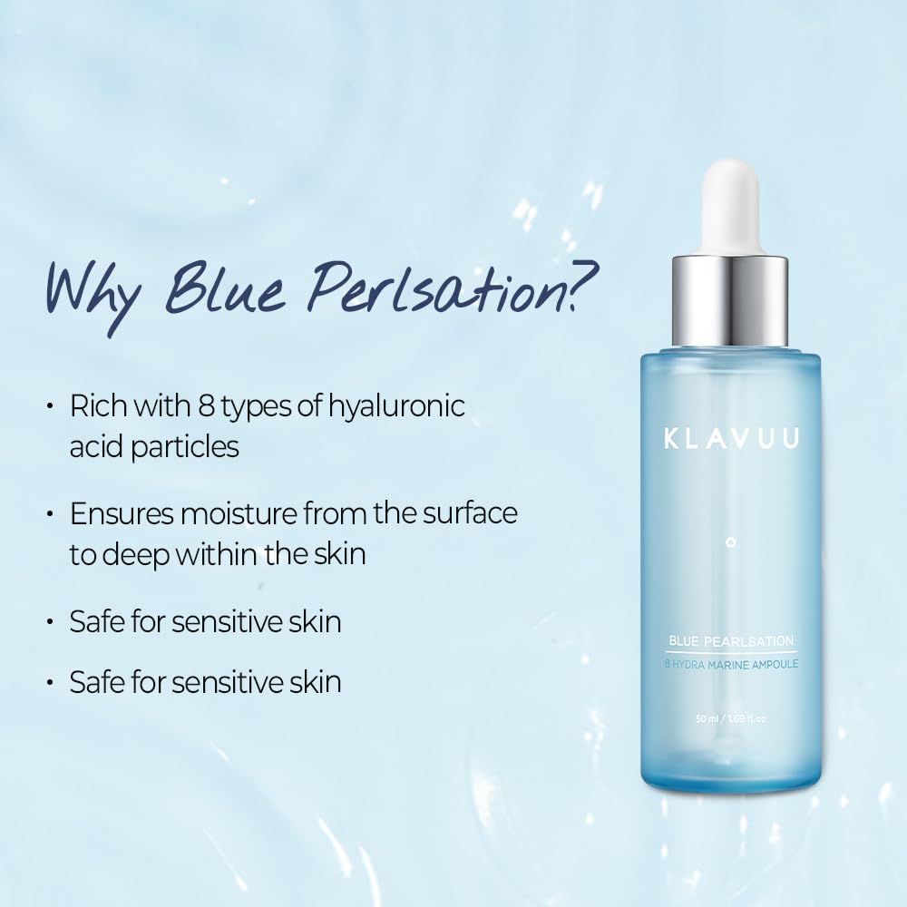 Klavuu BLUE PEARLSATION 8 Hydra Marine Ampoule - Enriched with Hyaluronic Acid for Dual-Layered Skin Hydration & Panthenol Nourishment - Ideal for Sensitive Skin Types – 1.69 floz