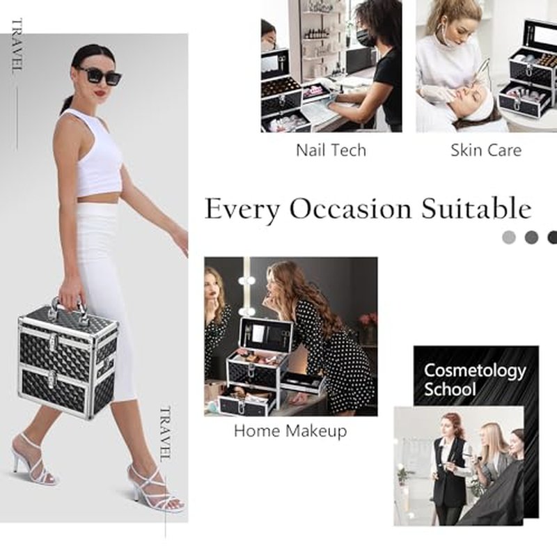 Frenessa Nail Polish Makeup Train Case with Drawer and Dividers Manicure Organizer Accessory Storage Makeup Box With Mirror Lockable Keys Nail Kit Organizer Cosmetic Case Jewelry Box - Black