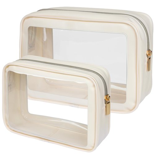 PACKISM TSA Approved Toiletry Bag - Upgrade Color-Edged Clear Makeup Bag, Unique Appearance, 2 Pack Clear Travel Bags Hold Lots of Items Also Great for Organizing Car Console, Beige (2 Sizes)