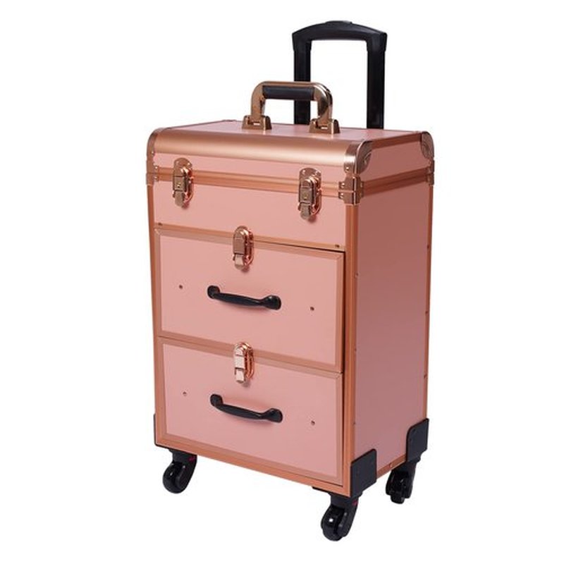 PalaUha Rolling Makeup Train Case Professional Cosmetic Organizer Trolley with Drawers Compartment Nail Case Wheeled Manicure Pedicure Storage Case for Hair Stylists Makeup Artists (Rose Gold)