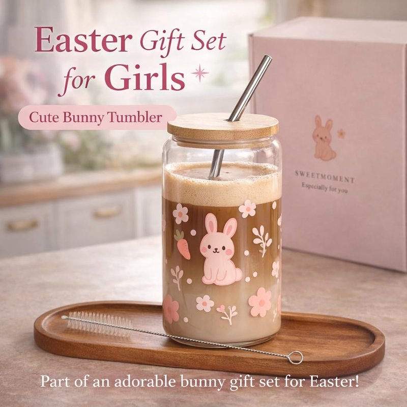 Easter Gifts for Teen Girls, Bunny Gift Basket with Tumbler, Socks, Scrunchie, Bracelet, Sunglasses & Plush Bunny, Cute Pink Gift Box Self Care Gift Set