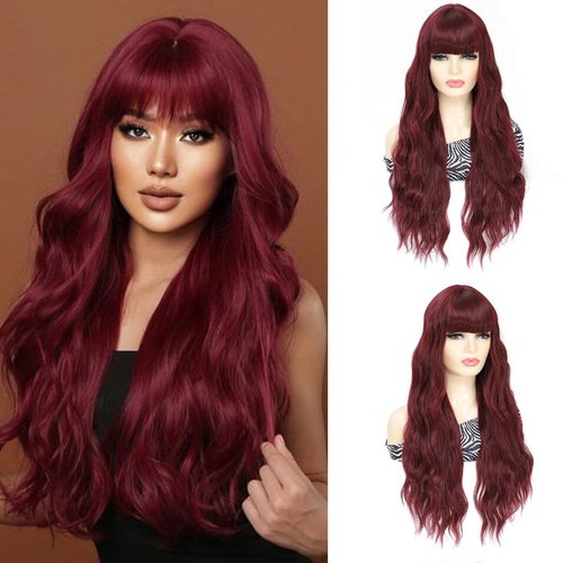 COSYMAY Wavy Wig With Bangs Synthetic Body Wave Wig for Women (Burgundy wig)