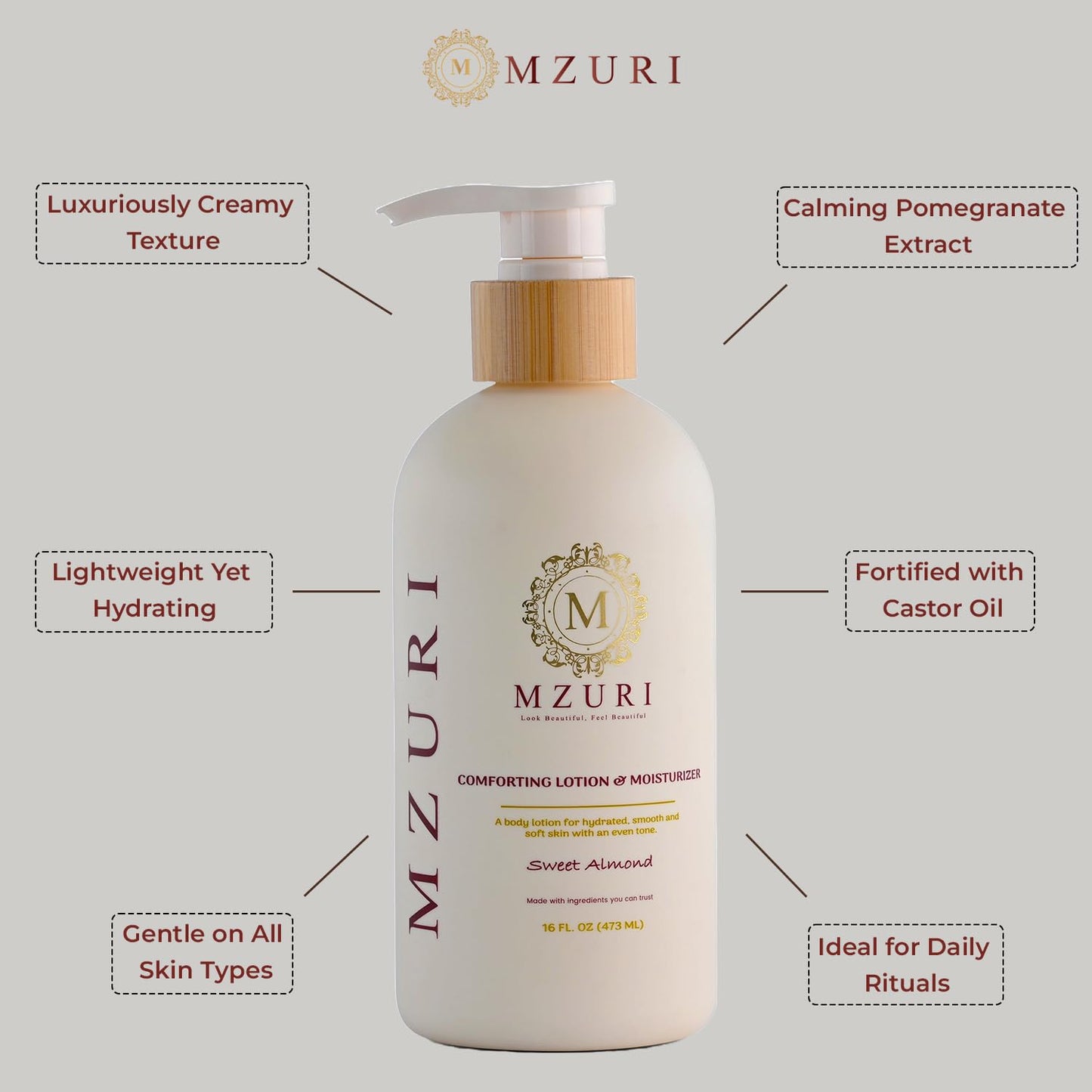MZURI Body Lotion & Moisturizer – Sweet Almond Oil | Lightweight, Fast-Absorbing Hydrating Body Lotion for Dry, Sensitive Skin | Paraben-Free Daily Body Care for Women & Men | 16 fl oz