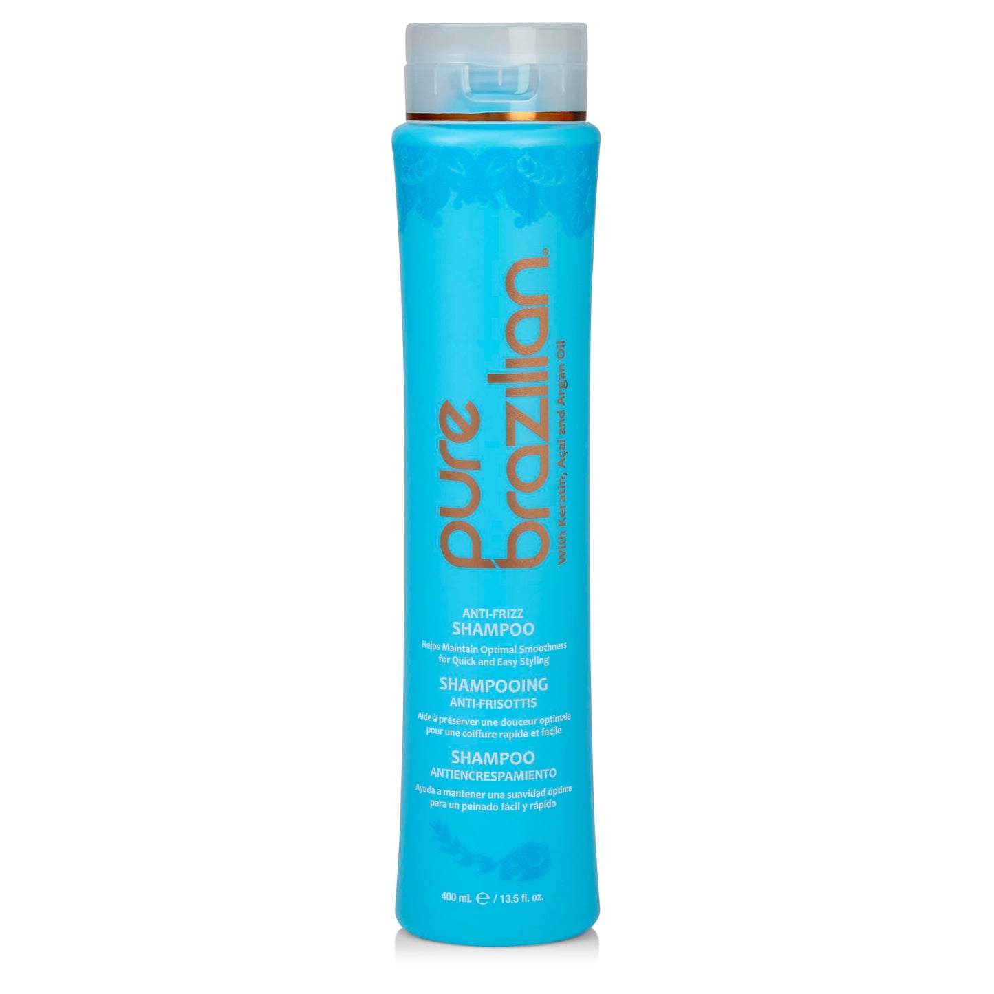 Pure Brazilian Anti-Frizz Daily Shampoo, Salt-Free, Color Safe, with Keratin, Argan Oil & Acai for Prolonged Treatment & Smooth Hair, 13.5 Oz