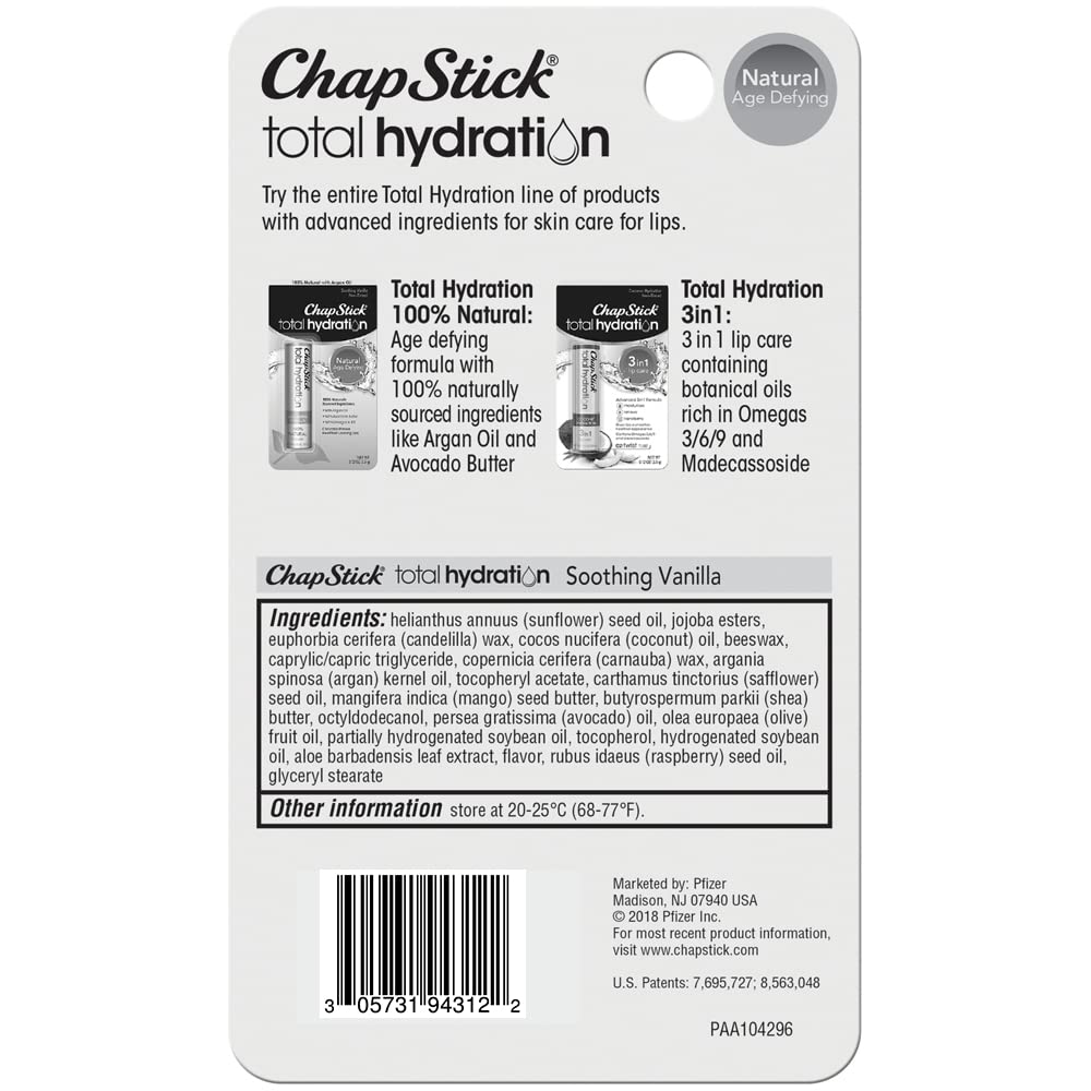 Chapstick Total Hydration (Eucalyptus Mint Flavor, 0.12 Ounce) Flavored Lip Balm Tube, Natural Age Defying Lip Care, Clinically Proven, Non-tinted, Eucalyptus Mint, 1 Count