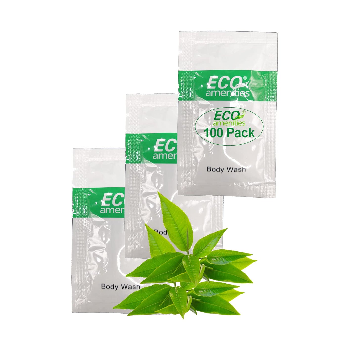 ECO amenities Body Wash Sachets - Leak-Proof TSA Approved Travel Toiletries - Green Tea Scented Liquid Soap Packets - Cruelty-Free Individual Body Wash Packets - 0.35 Fl Oz, Pack of 100