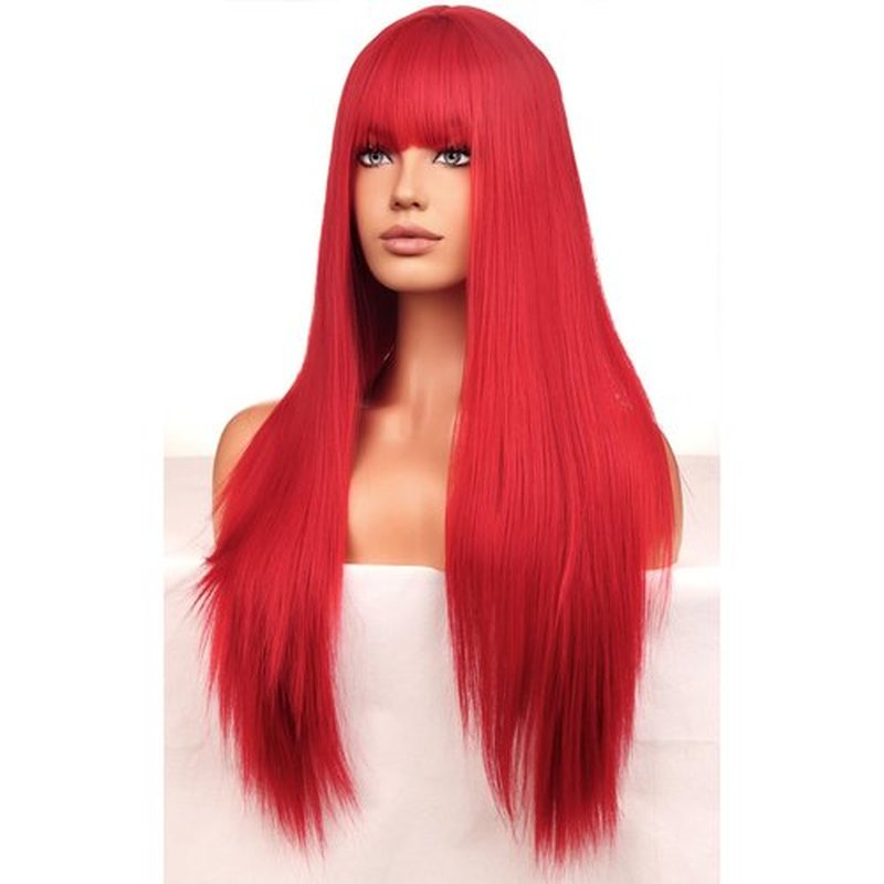 BERON Red Wigs Straight Long Hair Wigs with Bangs Women Fashion Heat Resistant Synthetic Natural Looking Wig for Cosplay Party or Daily Use