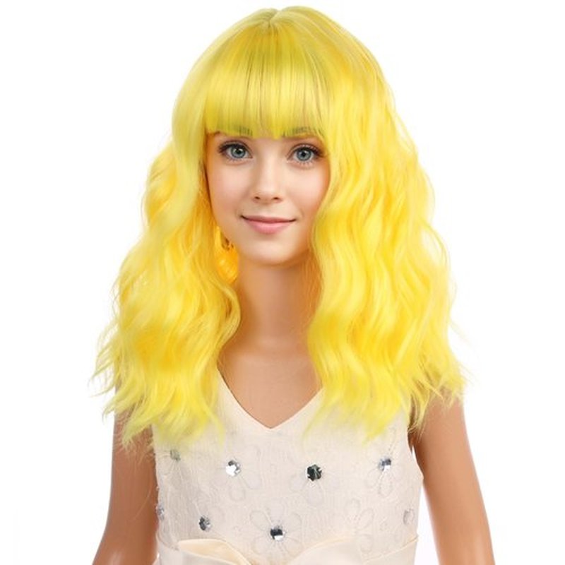 PATTNIUM Yellow Wig Kids Child Wig Short Wavy Curly Yellow Wig with Bangs for Kids Yellow Wig Synthetic Girls Wig Cosplay Halloween Party Costume Wig