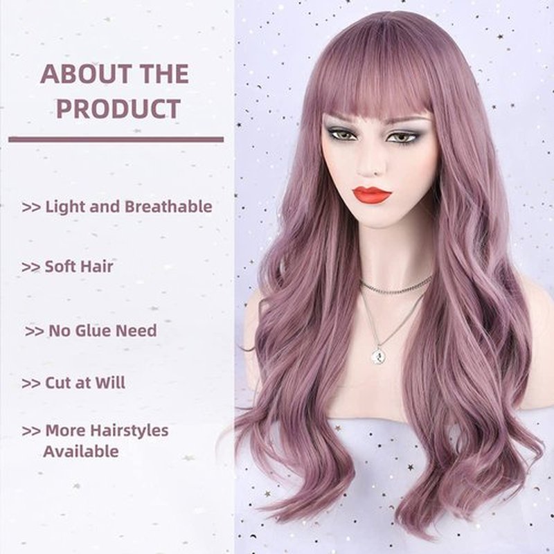 FORCUTEU Purple Wig with Bangs Long Purple Wavy Wigs for Women Purple Wavy Wigs Purple Heat Resistant Wigs for Daily Party Halloween (Purple 26inch)