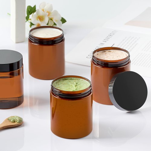 TUZAZO 8 Oz Amber Plastic Cosmetic Jars Leak Proof Container with lids for Cream, Lotion, Powder, Ointments, Beauty Products, 12 Pcs