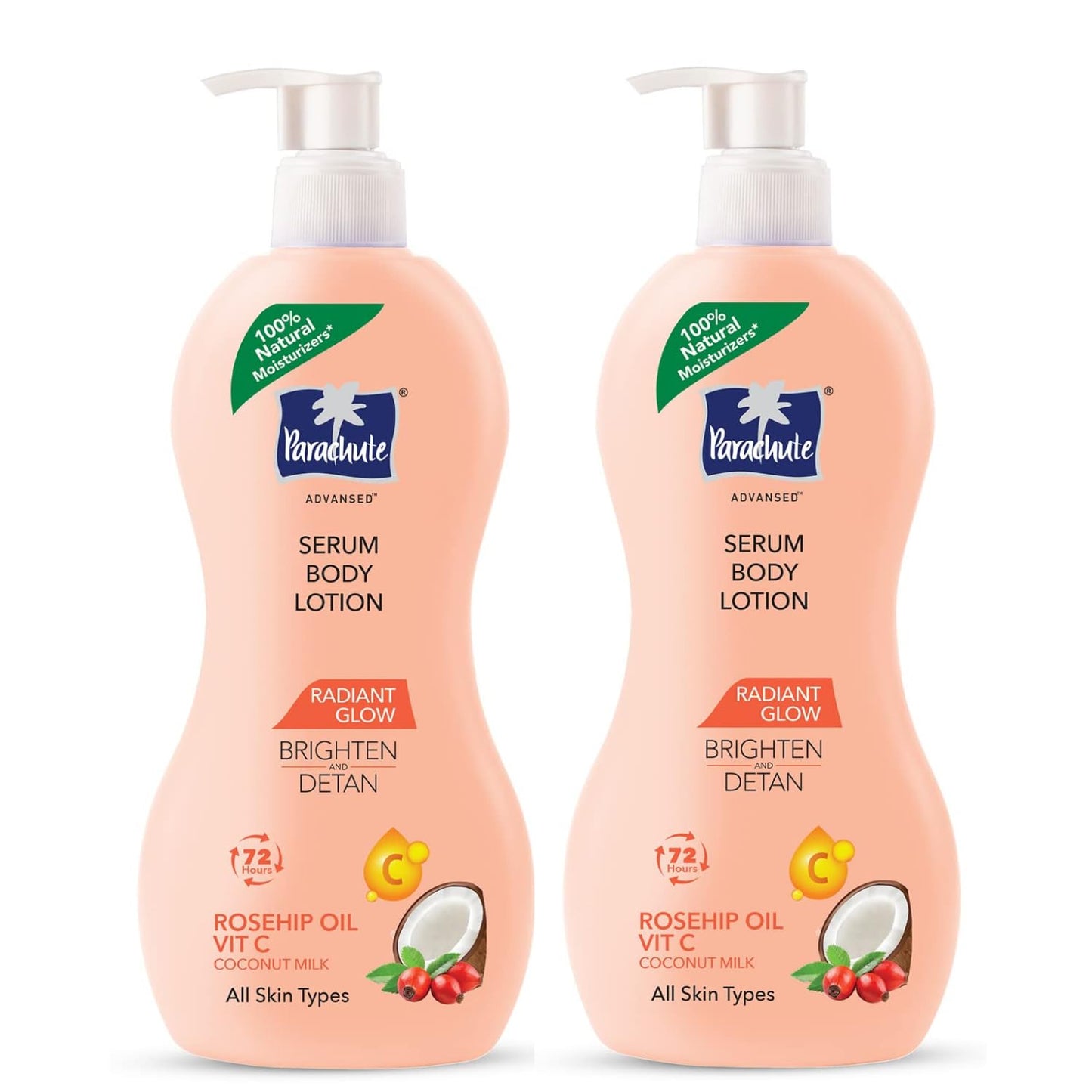 Parachute Advansed Radiant Glow Body Lotion with Coconut Milk, Vitamin-C, Rosehip Oil, Niacinamide, 100% Natural Moisturizers, for All Skin Types, 13.5 fl oz, Pack of 2