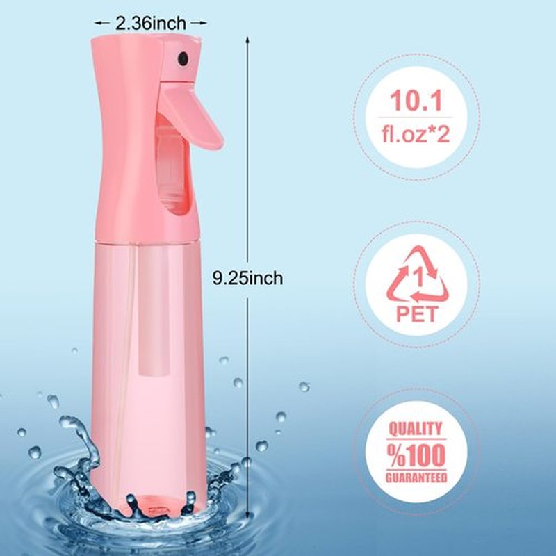 Continuous Spray Bottle for Hair (10.1oz/300ml) 2 Pack Mister Spray Bottles for Cleaning Empty Ultra Fine Water Mist Sprayer for Hairstyling Plant Garden Curly Hair Etc (Pink Transparent)