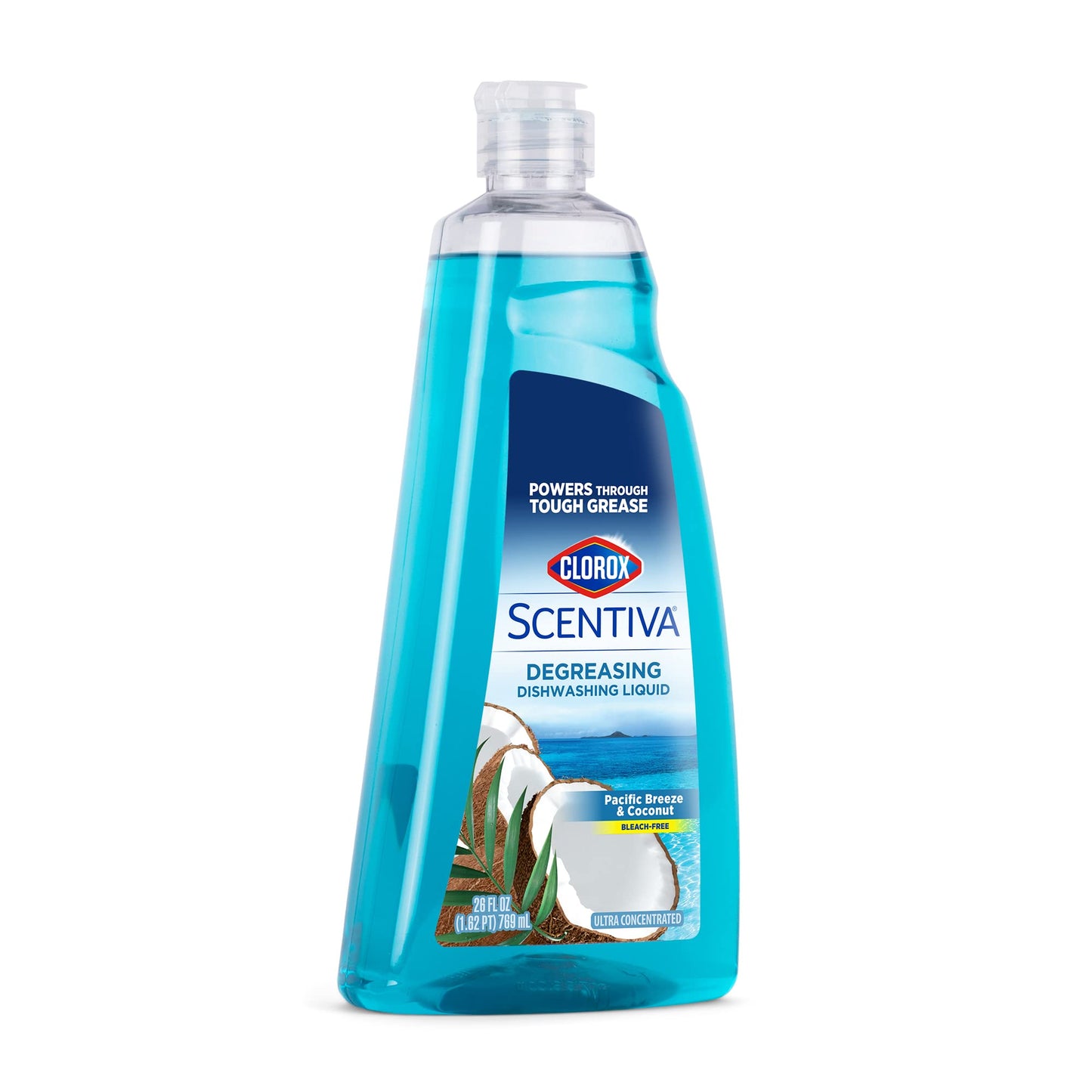 Clorox Scentiva Liquid Dish Soap, Pacific Breeze and Coconut Scent - Ultra-Concentrated Dishwashing Liquid That Cuts Through Grease and Food Residue, Bleach-Free, 26 Fl Oz