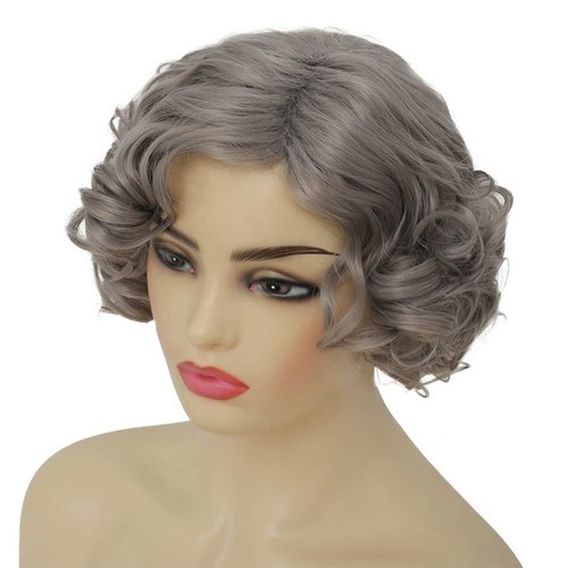 Amnenl Grey Short Curly Wig for Women Finger Wave Wigs Natural Heat Resistant Synthetic Hair for Daily Costume Party Halloween Wig