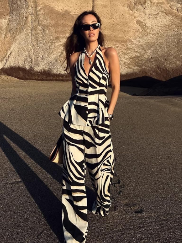 ZUAVIALA 2 Piece Outfits for Women Pants Sets Zebra Print Halter Vest Top and Wide Leg Pants Dailywear Summer Vacation Sets