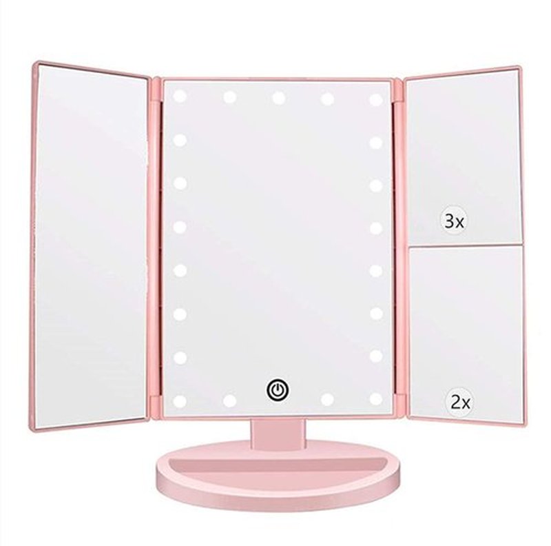 Flymiro Tri-fold Lighted Vanity Makeup Mirror with 3x/2x Magnification,21 LEDs Light and Touch Screen,180 Degree Free Rotation Countertop Cosmetic Mirror,Travel Makeup Mirror(Pink)