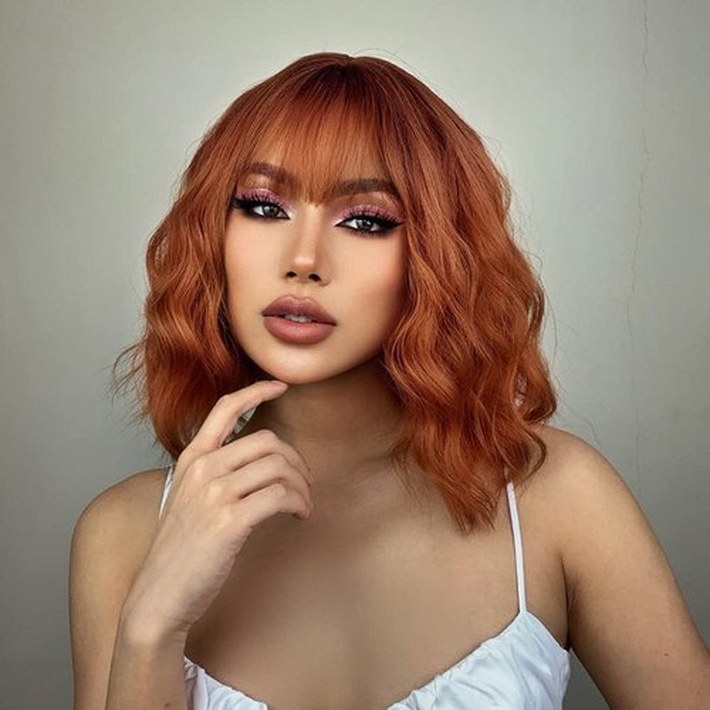 MAGQOO Ombre Dark Orange Auburn Wig Women Dark Roots Orange Bob Wig Short Curly Wavy Red Copper Wig with Bangs Synthetic Heat Resistant