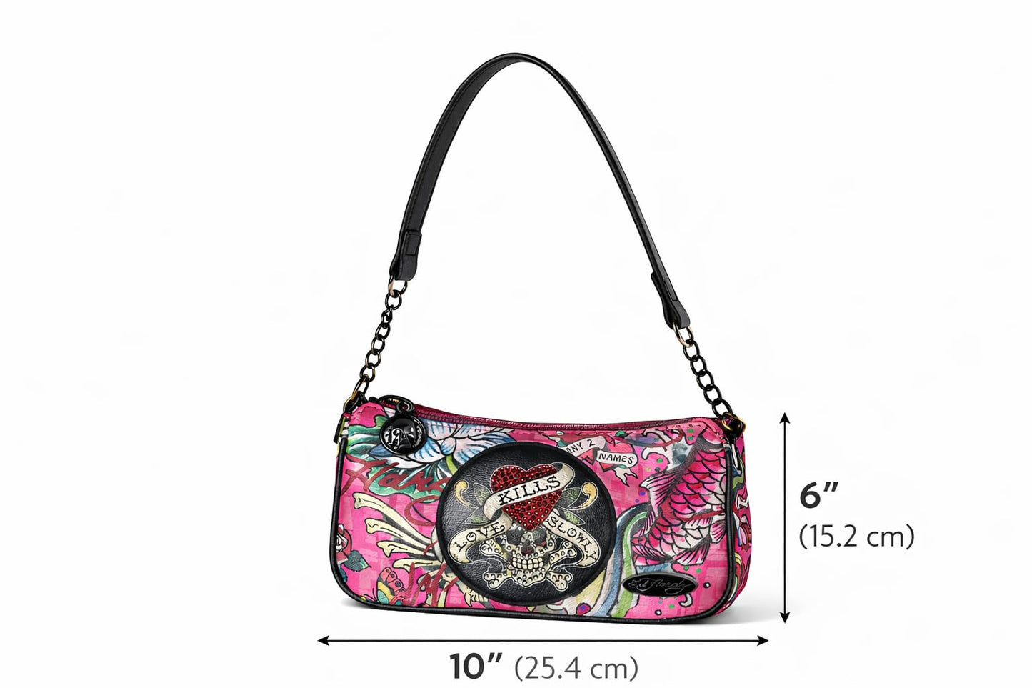ED HARDY Women's Shoulder Bag, Chain Strap with Charm Detail, Zip Top, 9 x 4 x 2 Inches (Electric Ink Pink)