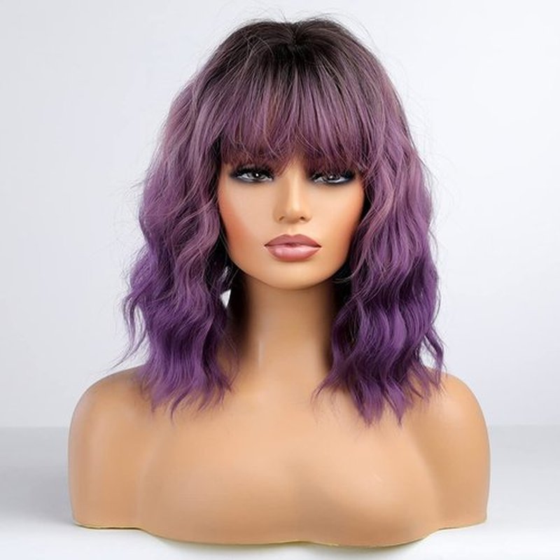 PATTNIUM Ombre Purple Wig with Bangs for Women Short Wavy Curly Bob Purple Wig Shoulder Length Heat Resistant Synthetic Wig (Ombre Purple)