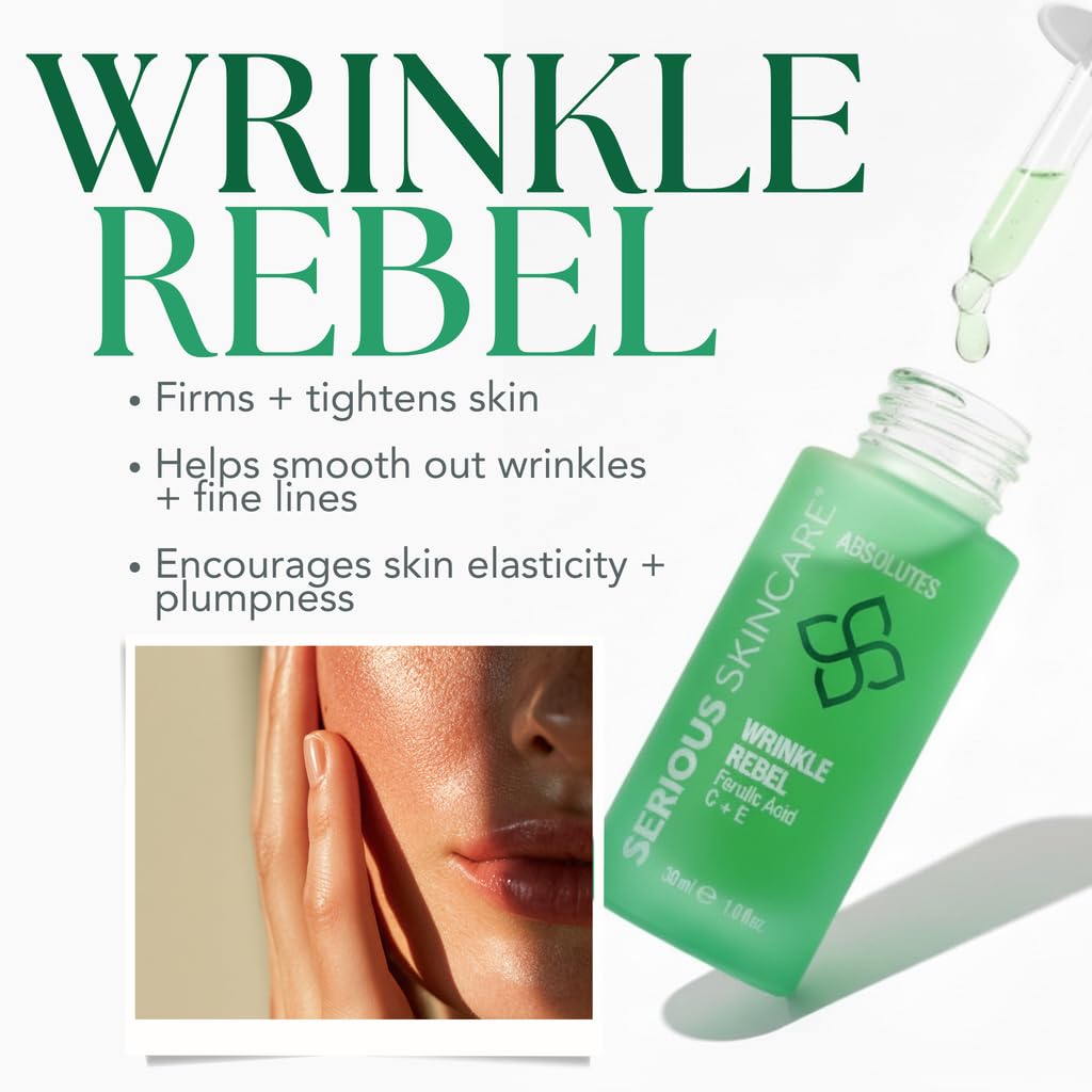 Serious Skincare Vitamin C Face Serum with Ferulic Acid, Bakuchiol, Vitamin E, B5, Absolutes Wrinkle Rebel Anti-Aging Face Serum for Fine Lines, Wrinkles and Dark Spots, 1 oz.