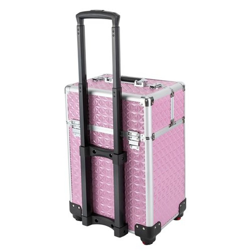 Rolling Makeup Train Case with Drawers, Cosmetic Travel Trolley, Storage Sliding Drawer 4 Tray Cosmetics Beauty Organizer Lockable Luggage Trolley w/Wheels for Makeup/Nail Art/Hair Styling (Pink)