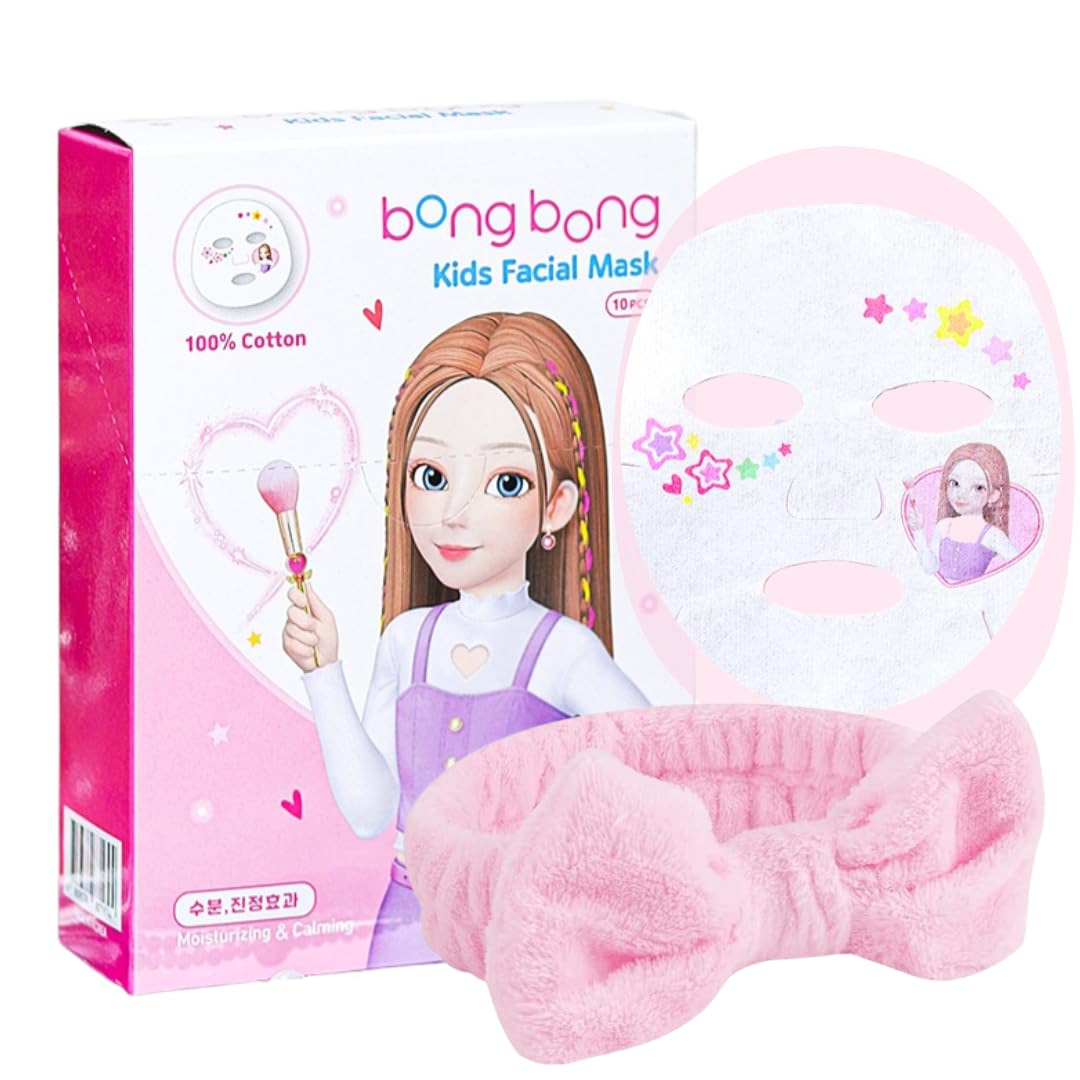 BB Kids Face Masks Spa 5-Pack With Spa Headband | Kids Facial Masks for Girls With 100% Cotton Sheets | Princess Facial Mask for Kids Spa Party Birthday Sleepover (10-Pack with Pink Band)