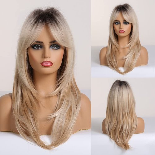 MAGQOO Blonde Wig for Women Blonde Layered Wig Dark Roots Long Blonde Wig with Bangs Two Tones Synthetic Heat Resistant