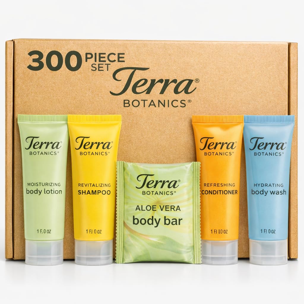 Terra Botanics Hotel Amenities Kit – 300 Piece Set (60 Each) – Shampoo, Conditioner, Body Wash, Lotion & Body Bar – Bulk Guest Toiletries for Hotels, Airbnb, Vacation Rentals
