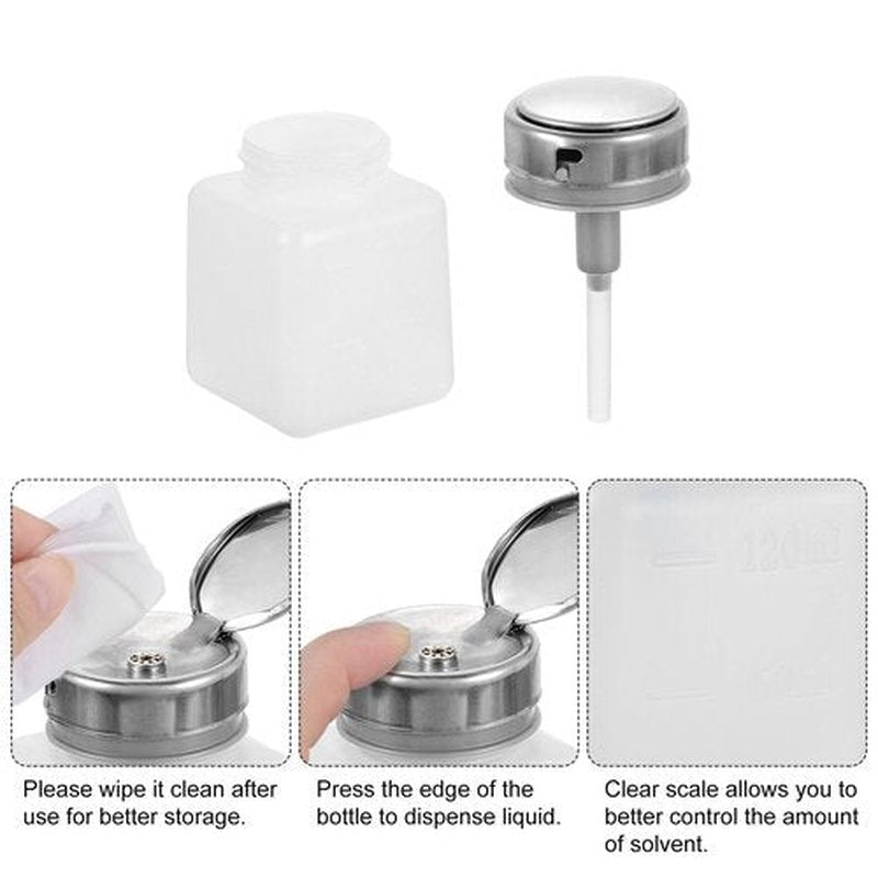 HARFINGTON 2pcs Solvent Alcohol Dispenser 120ml(4oz) Nail Polish Remover Push Down Liquid Dispenser Pump Bottle with Stainless Steel Press Head for Acetone Cleanser Polish Remover, White