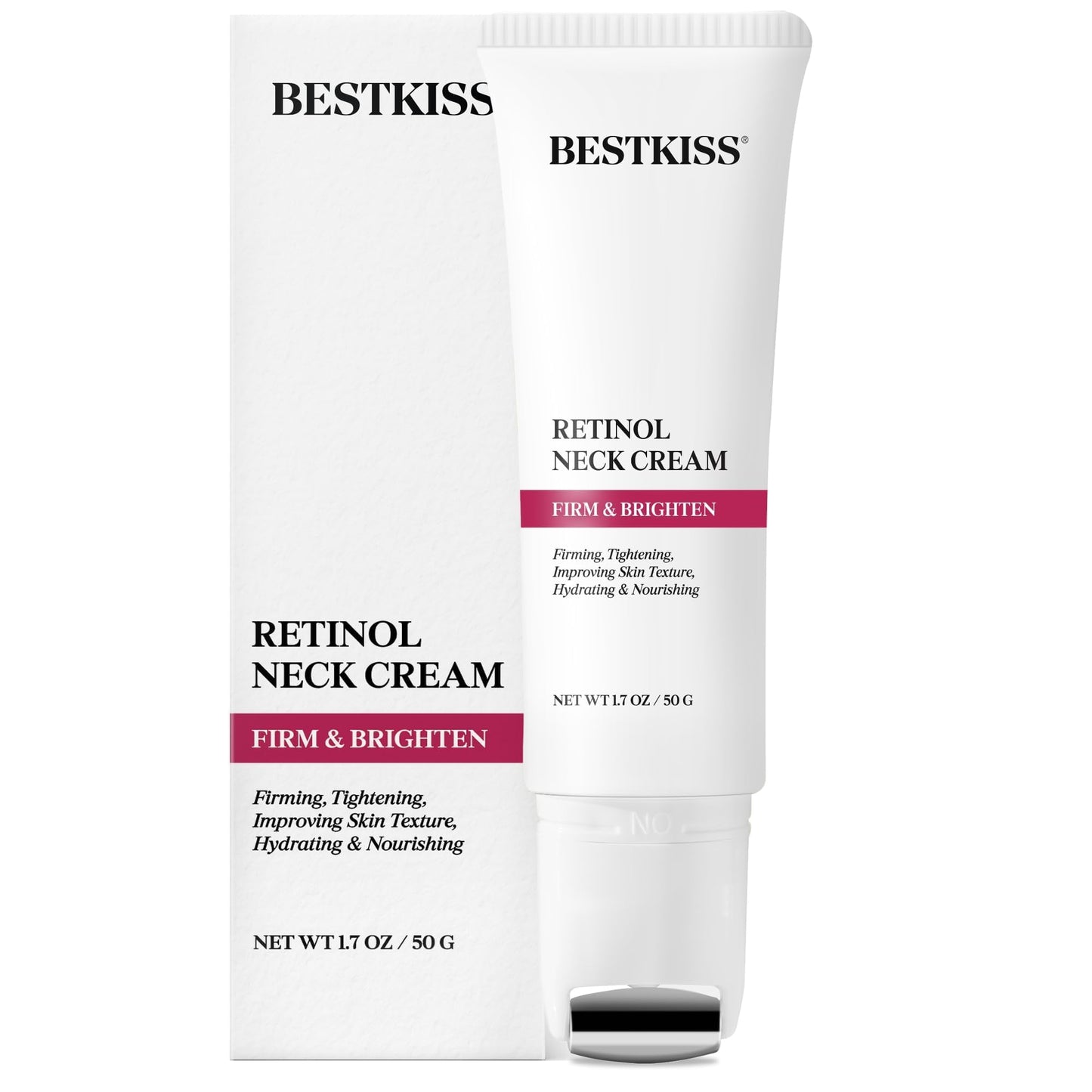Bestkiss Neck Cream for Tightening and Firming: Hydrates, Lifts & Smoothes with Cooling Massaging Roller Applicator - with Retinol, Niacinamide & Hyaluronic Acid for Face, Neck & Chest, 1.7 OZ/50g